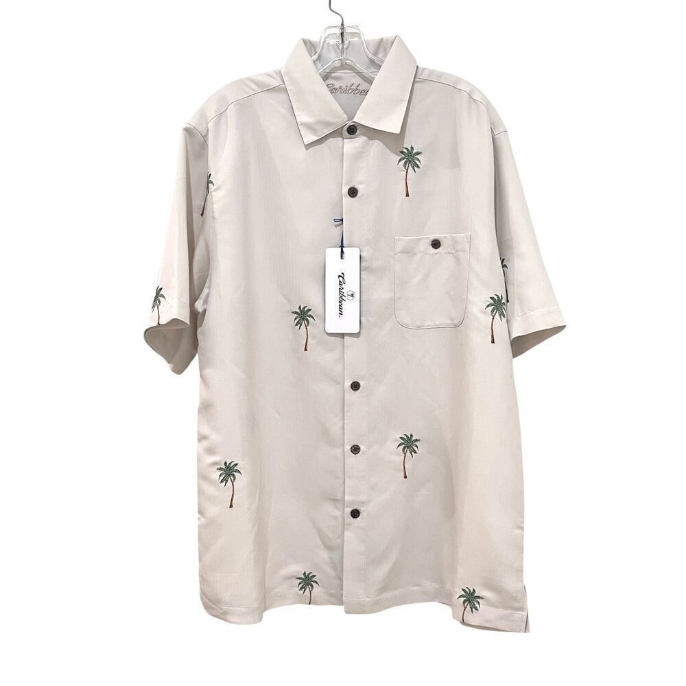 NWT Men’s CARIBBEAN Ivory Short Sleeve Shirt w Embroidered Palm Tree Sz L $89